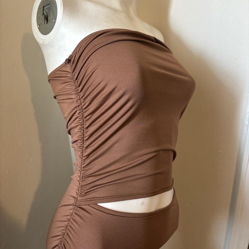 Brown Ruched Strapless Top and Bottom Set